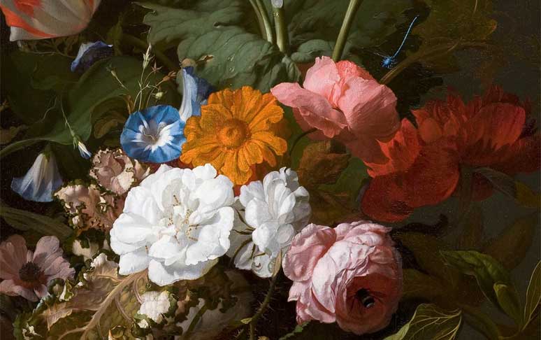 <p>Rachel Ruysch, Vase mit Blumen, 1700, Detail</p>