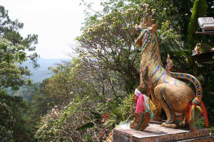 Dieser Wächter vor dem Wat Doi Suthep hat einen guten Blick übers Bergland