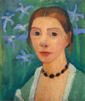 Paula Modersohn-Becker, Selbstbildnis vor gr&uuml;nem Hintergrund mit blauer Iris, um 1905
